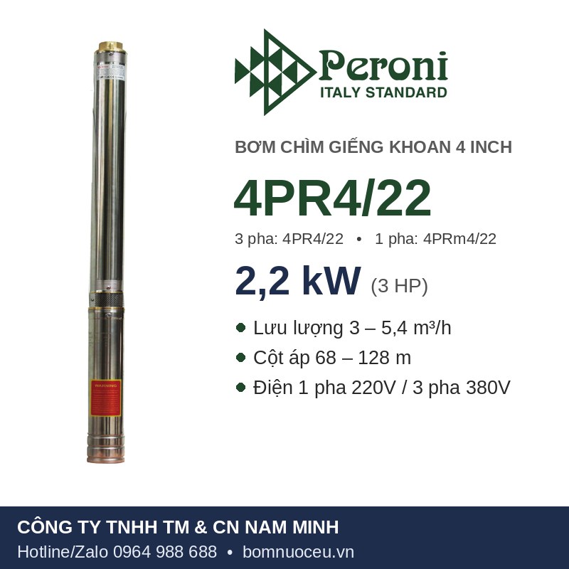 Bơm chìm giếng khoan Peroni 4PR4/22 – 4PRm4/22 2,2 kW