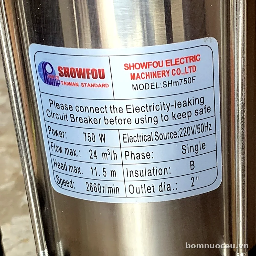 Tem nhãn thông số bơm Showfou SHm-750F