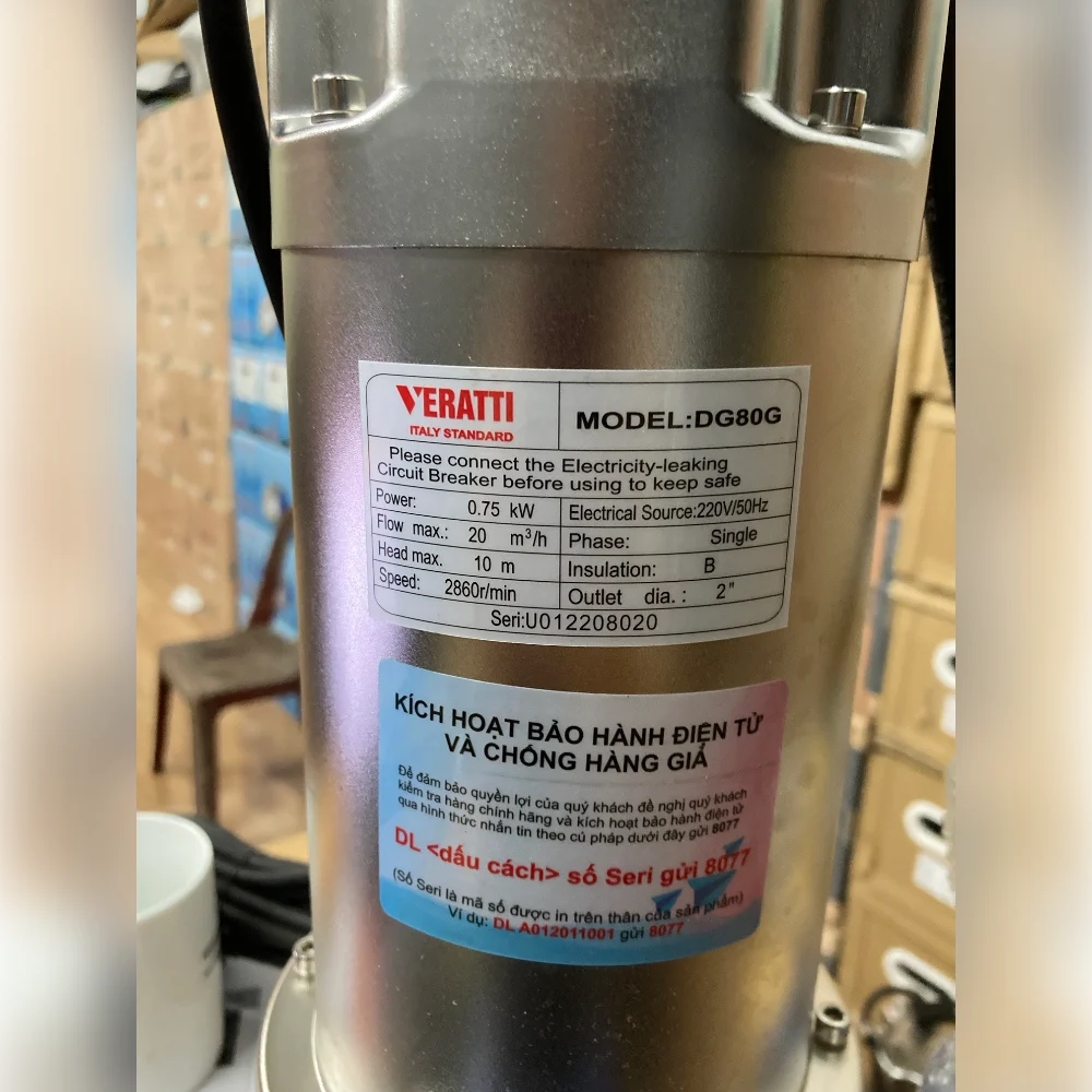 Tem thông số bơm chìm nước thải Veratti DG80G 0,75kW 220V