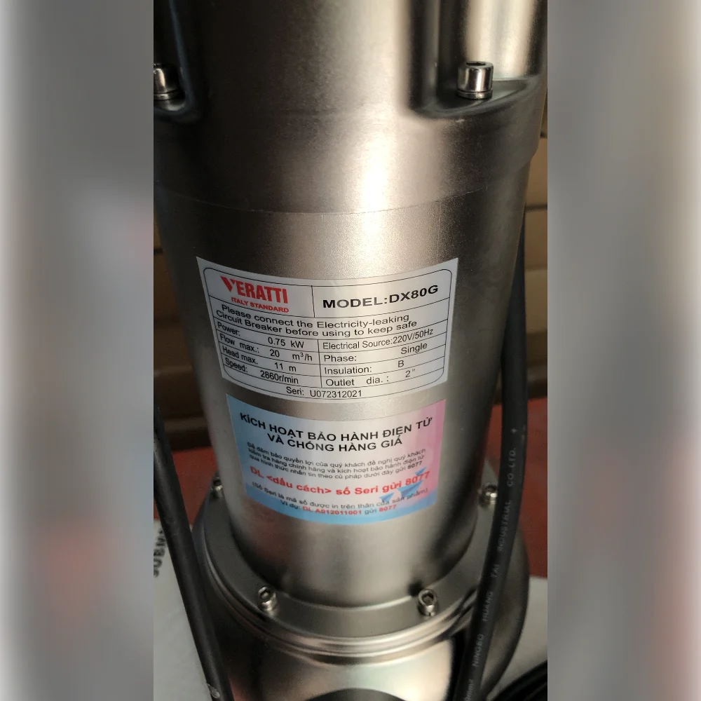 Tem thông số bơm Veratti VX80G (mã cũ DX80G)