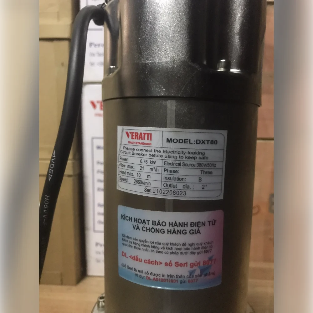 Tem thông số bơm Veratti VXT80 (mã cũ DXT80) 0,75kW 380V