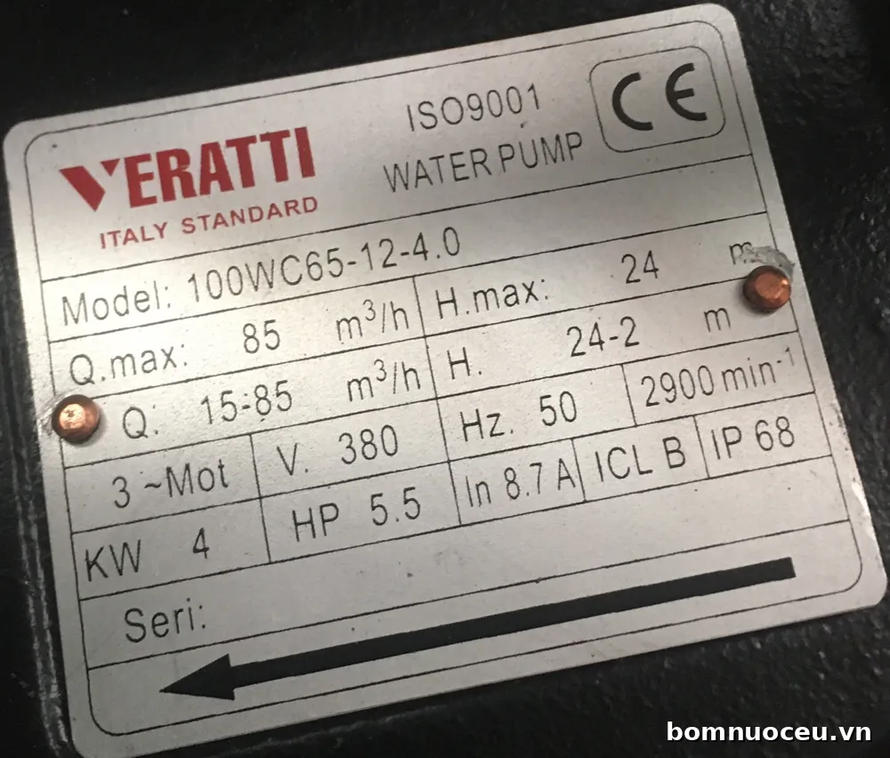Tem thông số bơm cắt rác Veratti 100WC65-12-4-0
